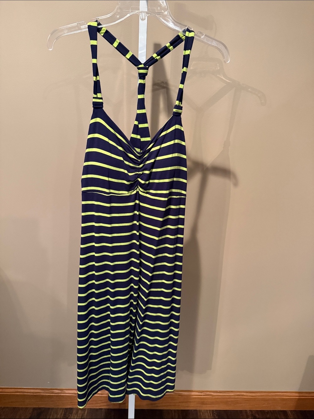 Navy and Neon Yellow Striped Racerback Dress with built-in bra with cups